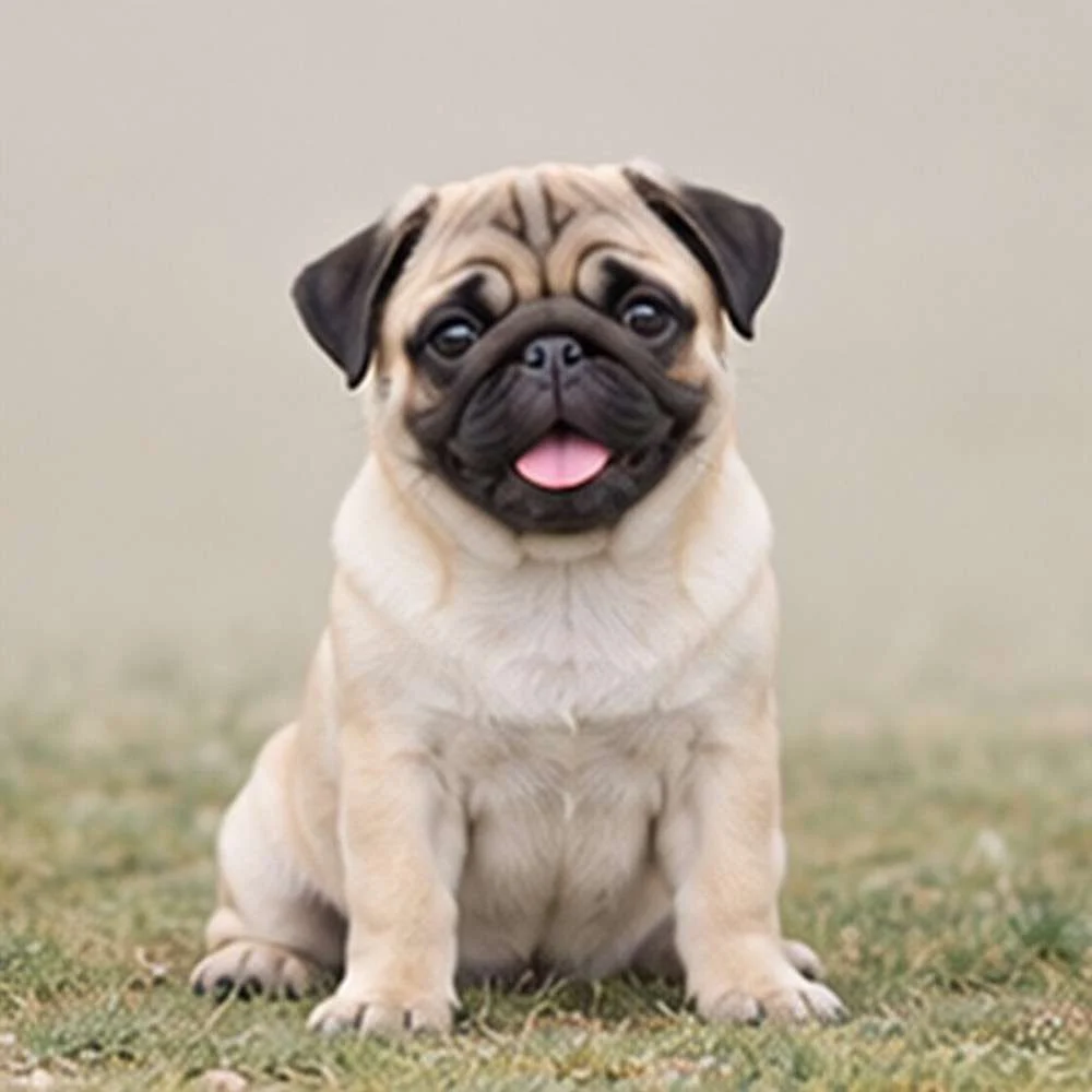 Fawn-colored pug with a curled tail sitting proudly and looking curious