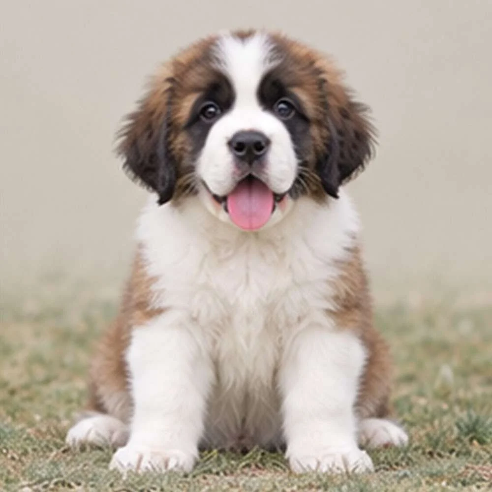 Large, fluffy Saint Bernard with a brown and white coat sitting proudly