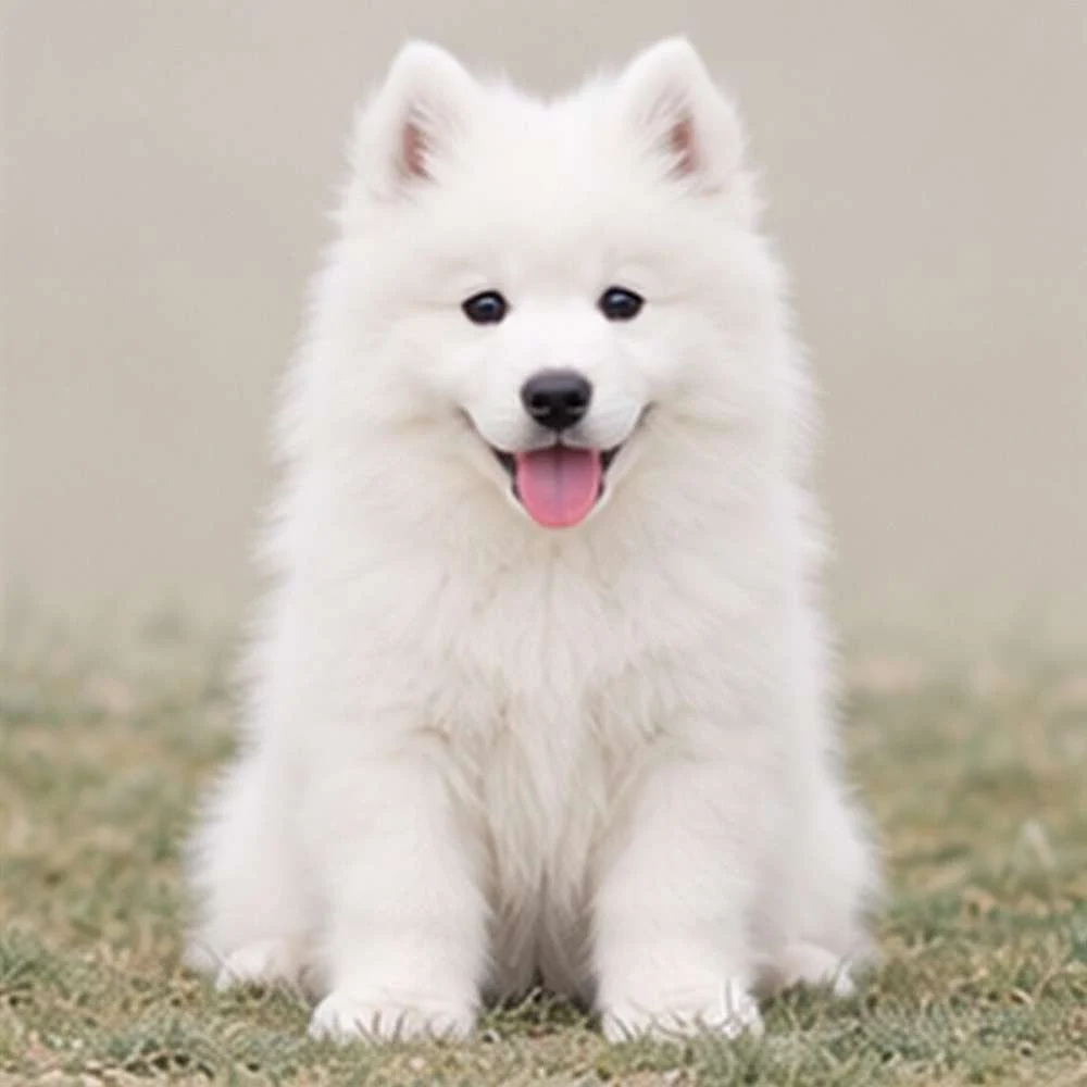 Fluffy white dog with a happy expression, standing proudly outdoors