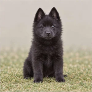 Black, fluffy Schipperke sitting upright with alert expression and perked ears