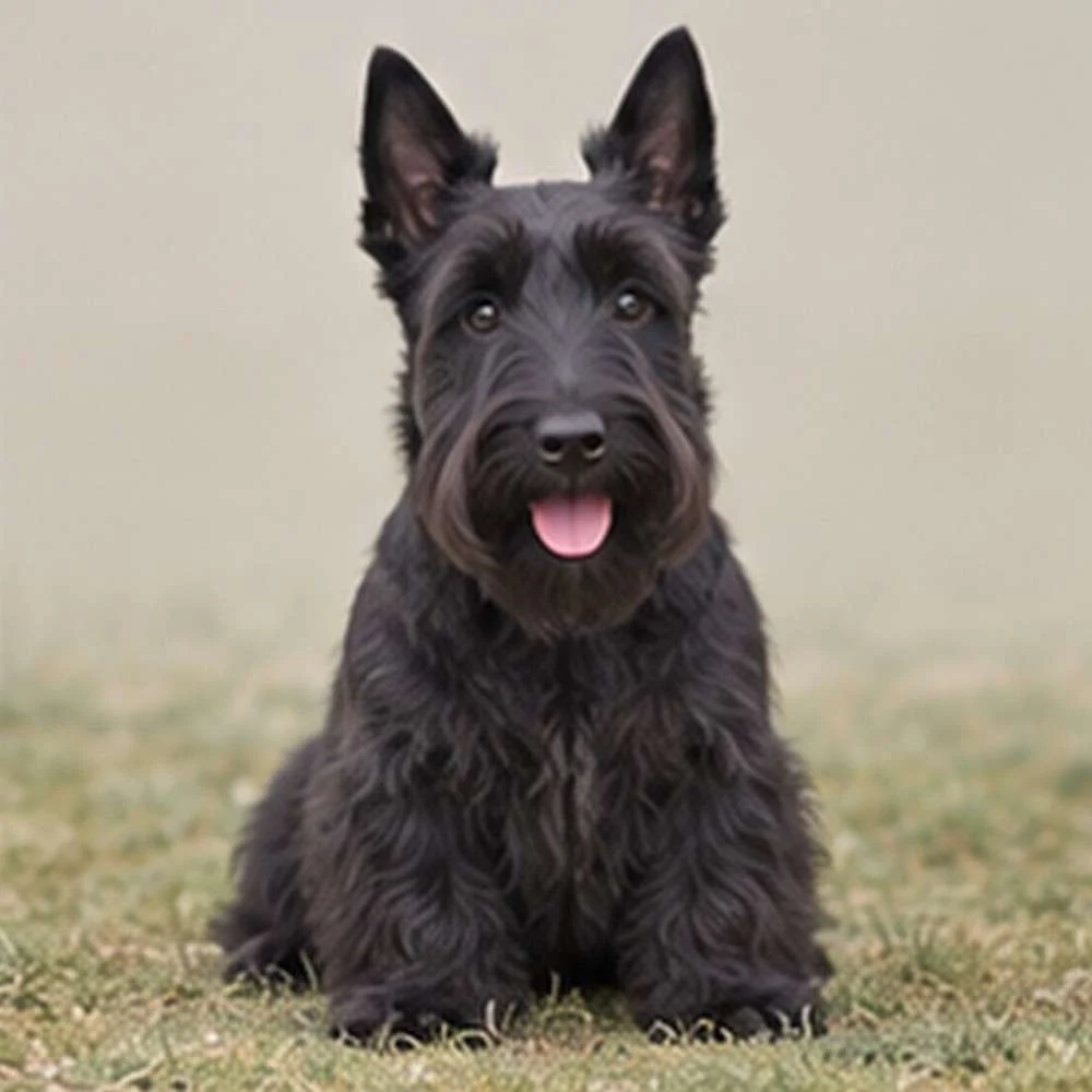 Short, wiry black coat, standing alert with a dignified posture