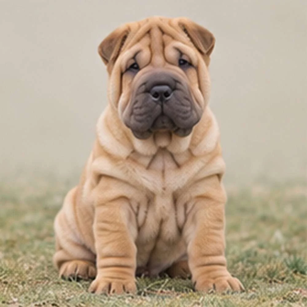 Wrinkled dog with a short, bristly coat, sitting upright and alert