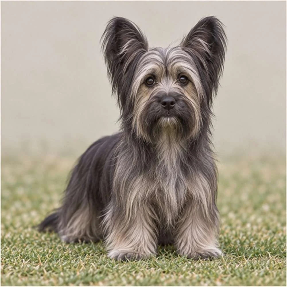 Long-haired dog with a soft, wavy coat, standing proudly outdoors