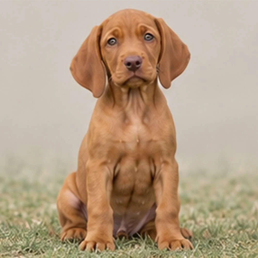 Short-haired copper-colored dog standing alert in a grassy field