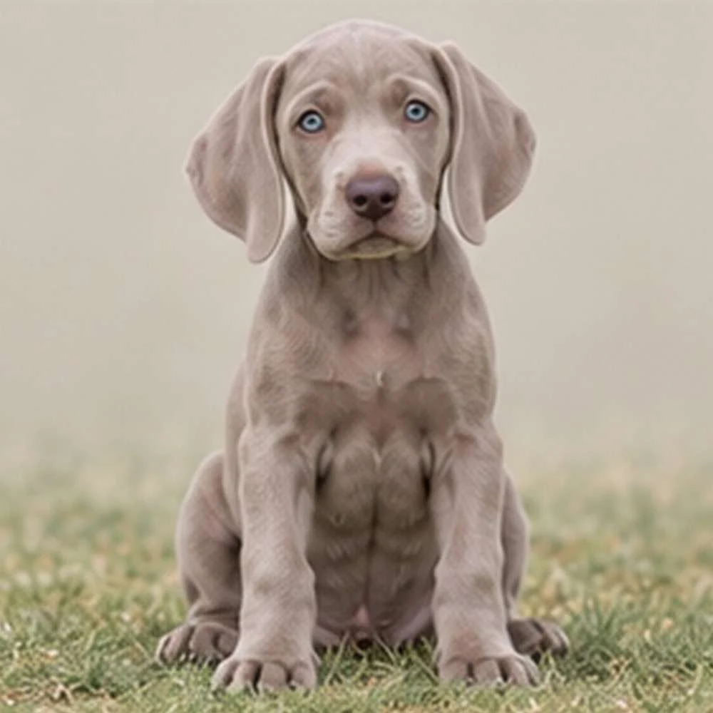 Silver-gray dog with a sleek coat standing alert in a grassy field