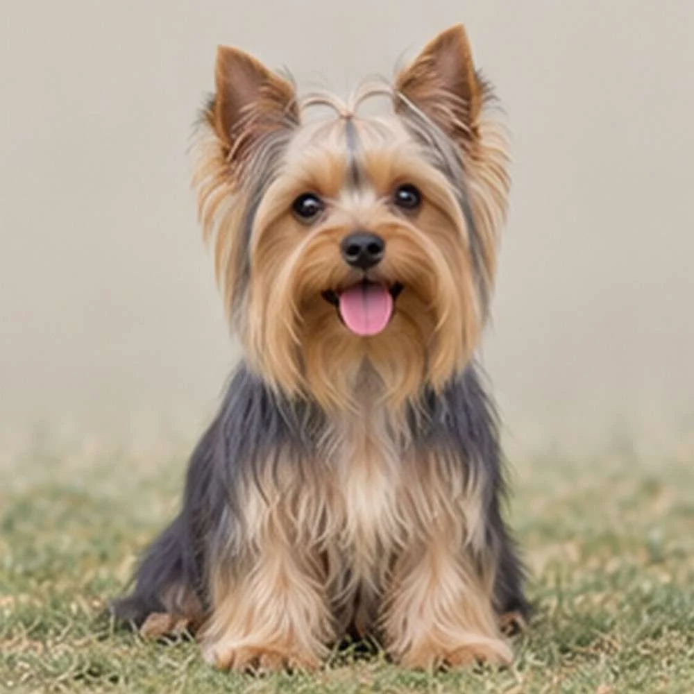 Small Yorkshire Terrier with silky tan and black fur, standing proudly
